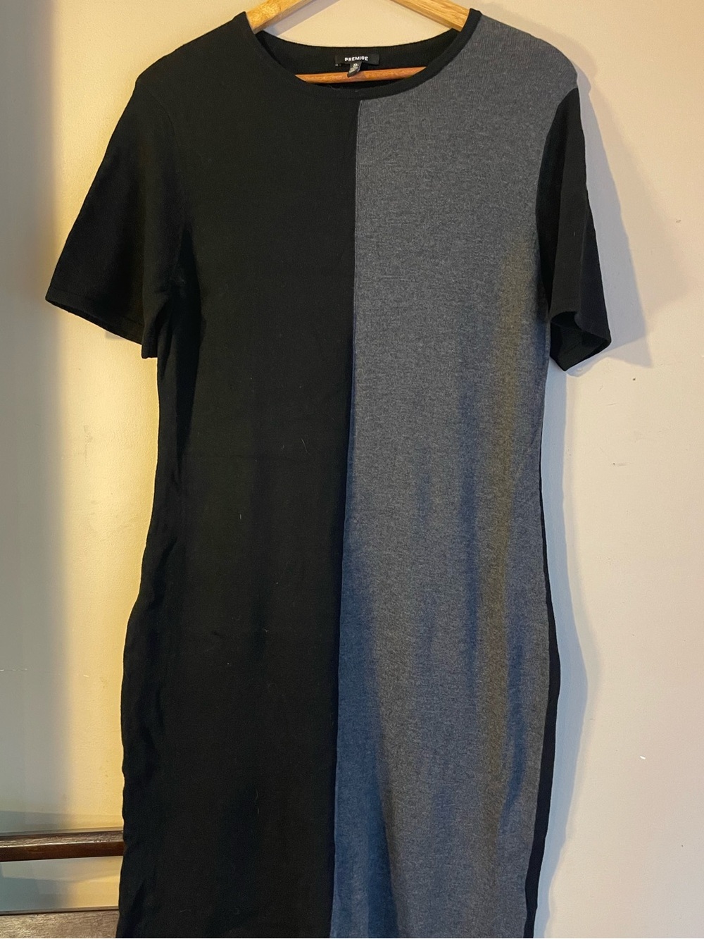 Premise Black Charcoal Gray Split Colorblock Stretchy Short Sleeve Bodycon